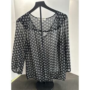 Daniel Rainn Womens Size Large Black White Sheer V Neck Shirt Blouse Top